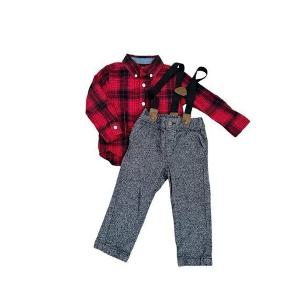 Gymboree Red Plaid Shirt & Grey Pants With Suspenders Set 18-24 Months